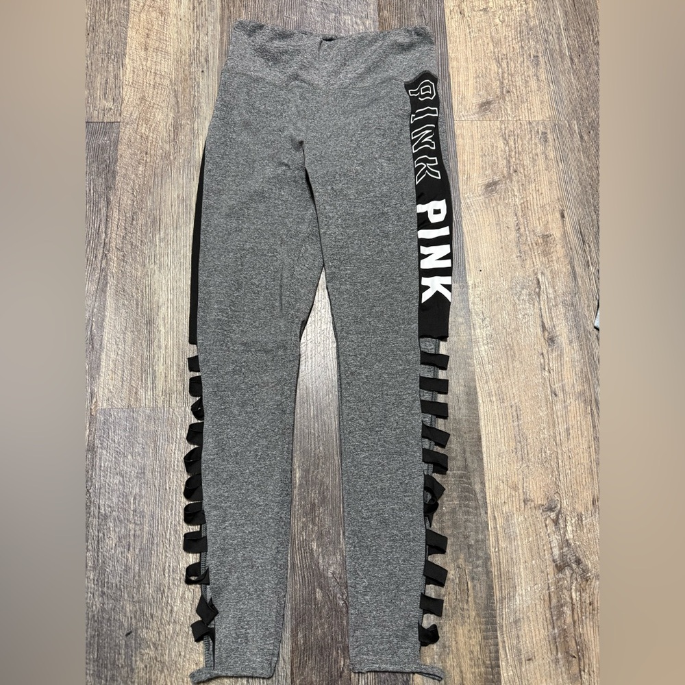 PINK Victoria's Secret Gray Leggings with Black Ribbon Detail